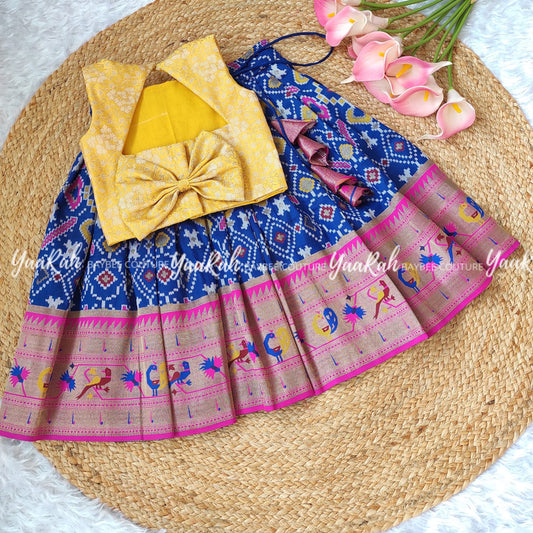 Royal Blue Ikkat Patola Skirt & Yellow Banarsi With Triangle Top