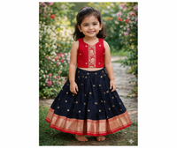 Silk Bordered Slub Cotton Skirt And Slub Cotton Blouse : Pink/Black