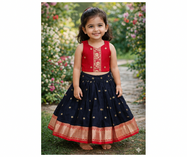 Silk Bordered Slub Cotton Skirt And Slub Cotton Blouse : Pink/Black