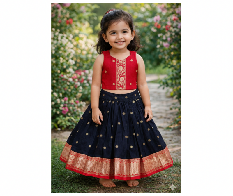 Silk Bordered Slub Cotton Skirt And Slub Cotton Blouse : Pink/Black