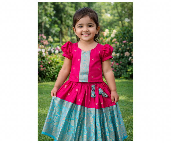 Silk Bordered Slub Cotton Skirt And Slub Cotton Blouse : Pink/Black