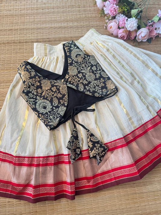 SEMI Silk Bordered Cotton Skirt And BANARSI Silk BLACK Blouse
