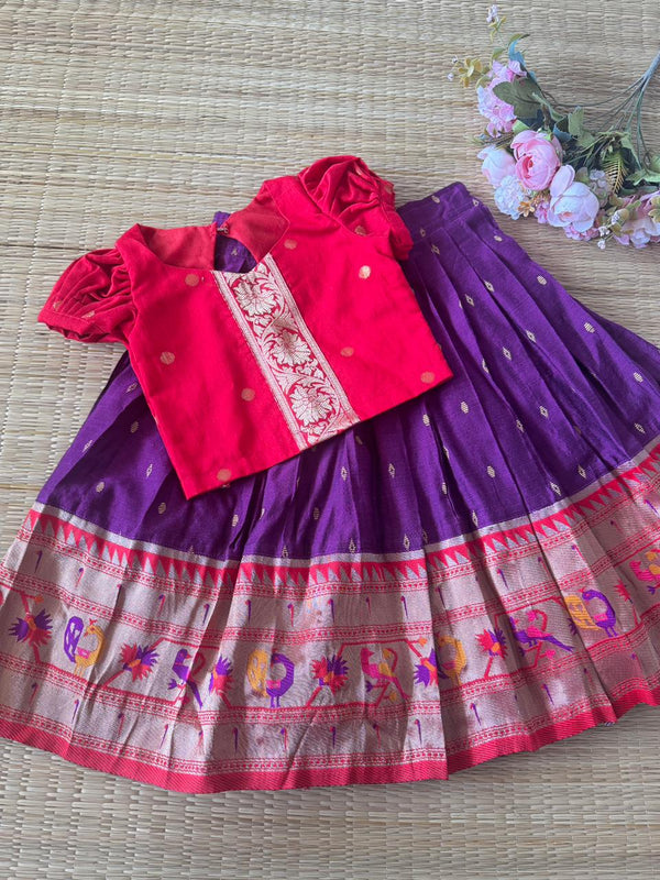 SEMI Silk Bordered Purple Slub Cotton  Skirt And SLUB COTTON Blouse