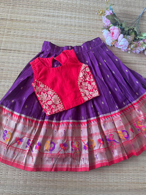 SEMI Silk Bordered Purple Slub Cotton  Skirt And SLUB COTTON Blouse