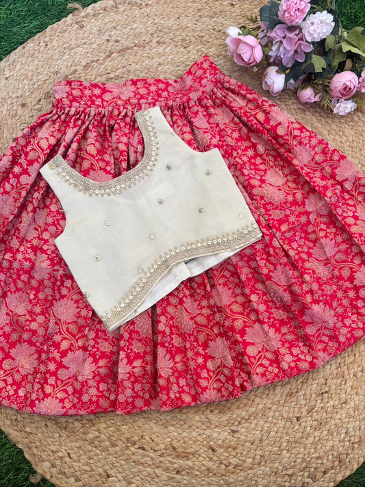 RED BANARSI SILK SKIRT AND BANARSI/VISCOUS TISSUE BLOUSE