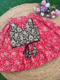 RED BANARSI SILK SKIRT AND BANARSI/VISCOUS TISSUE BLOUSE