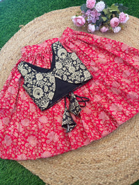 RED BANARSI SILK SKIRT AND BANARSI/VISCOUS TISSUE BLOUSE