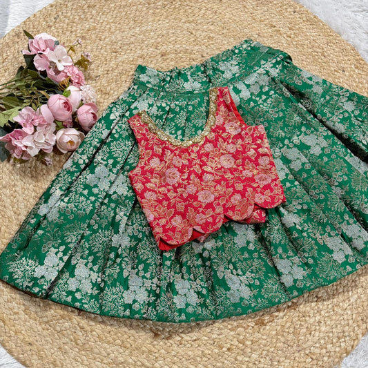Banarsi Silk Skirt AND BLOUSE IN LEAF GREEN