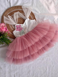 3 Layered Onion Pink Tie Knot Frock - Party Wear / Birthday Frocks