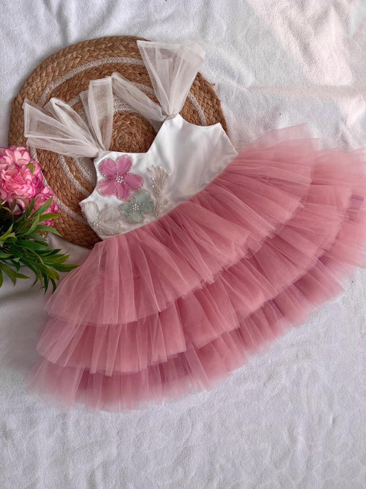 3 Layered Onion Pink Tie Knot Frock - Party Wear / Birthday Frocks