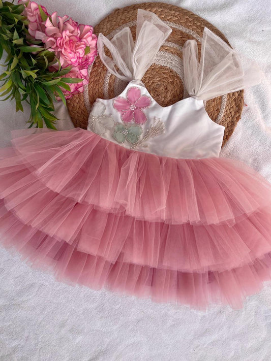3 Layered Onion Pink Tie Knot Frock - Party Wear / Birthday Frocks