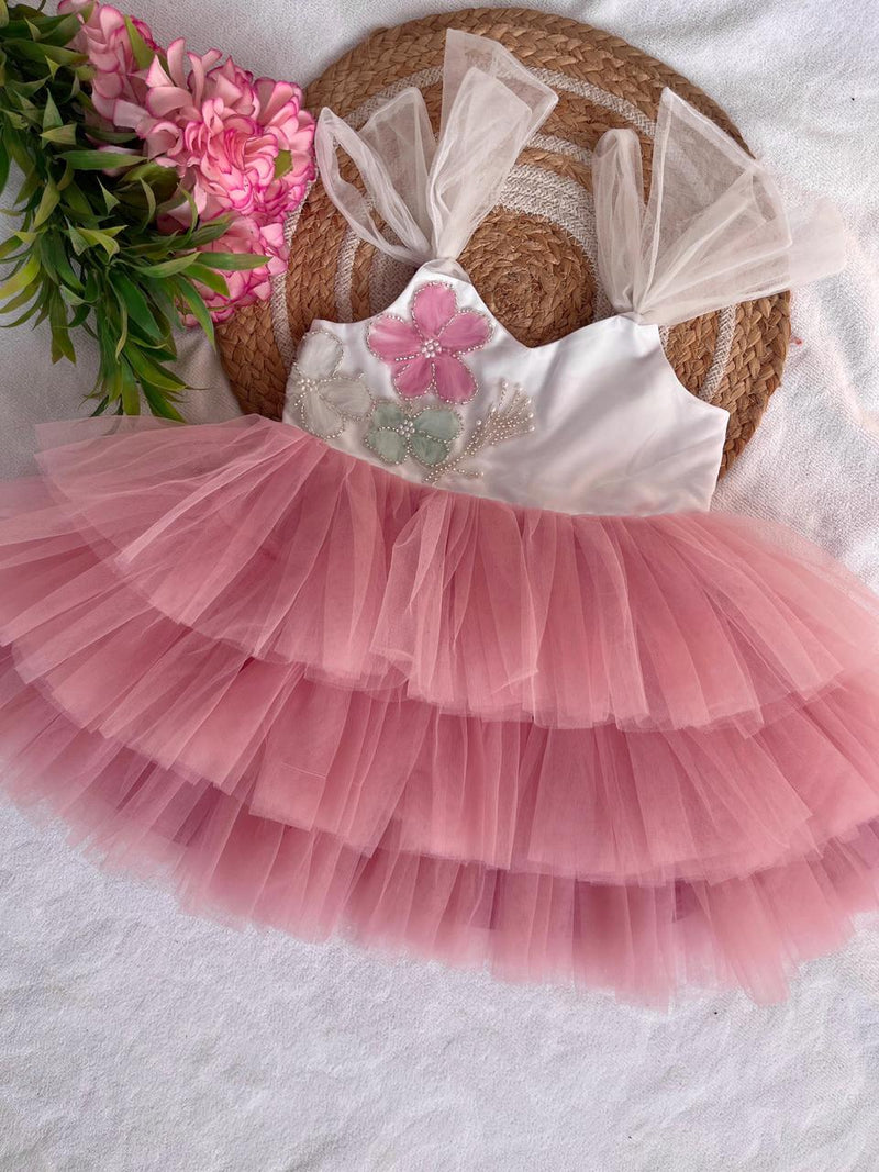 3 Layered Onion Pink Tie Knot Frock - Party Wear / Birthday Frocks