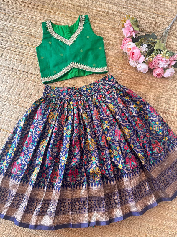 NAVY PATOLA SILK SKIRT AND BANARSI/SLUB COTTON BLOUSE