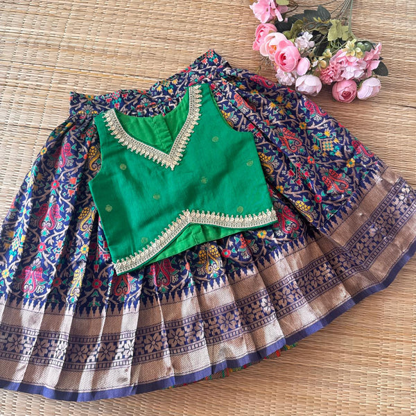 NAVY PATOLA SILK SKIRT AND BANARSI/SLUB COTTON BLOUSE