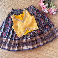 NAVY PATOLA SILK SKIRT AND BANARSI/SLUB COTTON BLOUSE