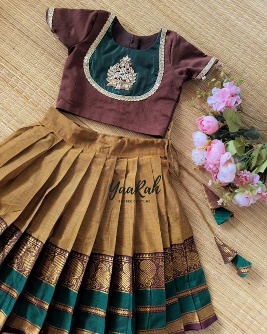 GOLDEN BROWN KANCHI COTTON SKIRT AND SLUB COTTON BLOUSE