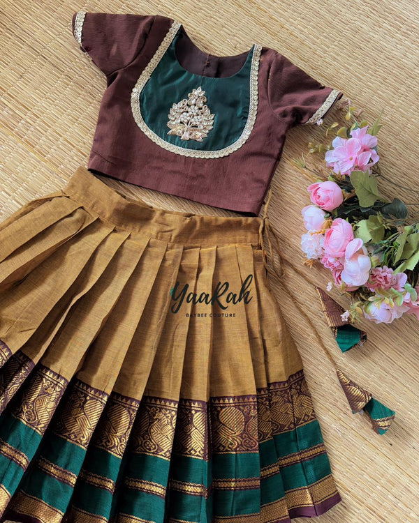 GOLDEN BROWN KANCHI COTTON SKIRT AND SLUB COTTON BLOUSE
