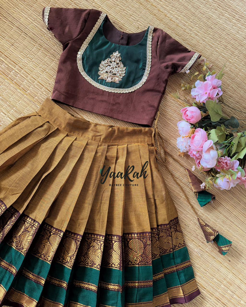GOLDEN BROWN KANCHI COTTON SKIRT AND SLUB COTTON BLOUSE