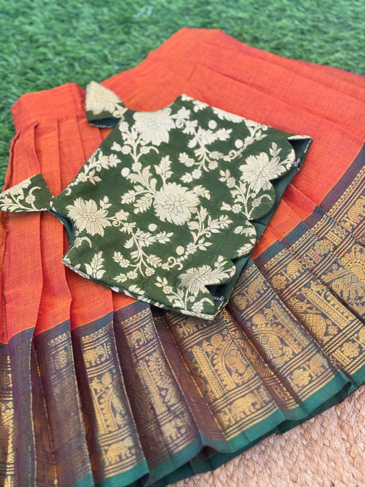GREEN COTTON ZARI BORDERD KANCHI SKIRT AND GREEN SEMI CHANDERI BLOUSE