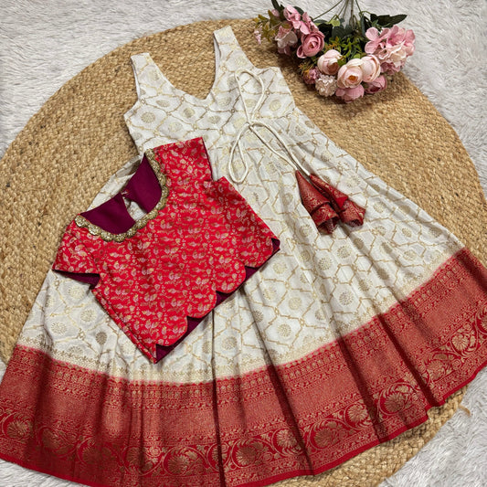 Red Banarsi Blouse And Off-White Georgette Peticoat  Frock