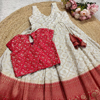 Red Banarsi Blouse And Off-White Georgette Peticoat  Frock
