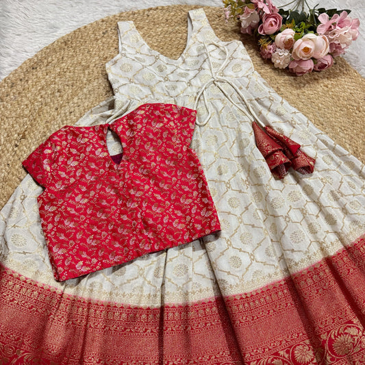 Red Banarsi Blouse And Off-White Georgette Peticoat  Frock