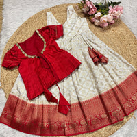 Red Peplum Jacket And Off-White Georgette Peticoat  Frock