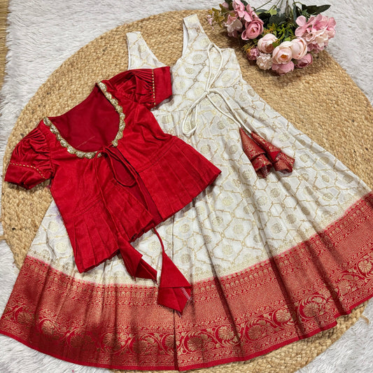 Red Peplum Jacket And Off-White Georgette Peticoat  Frock