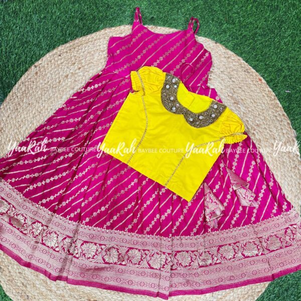 ETHNIC FROCK WITH BLOUSE -PINK GEORGETTE BANARSI  SILK and YELLOW BLOUSE