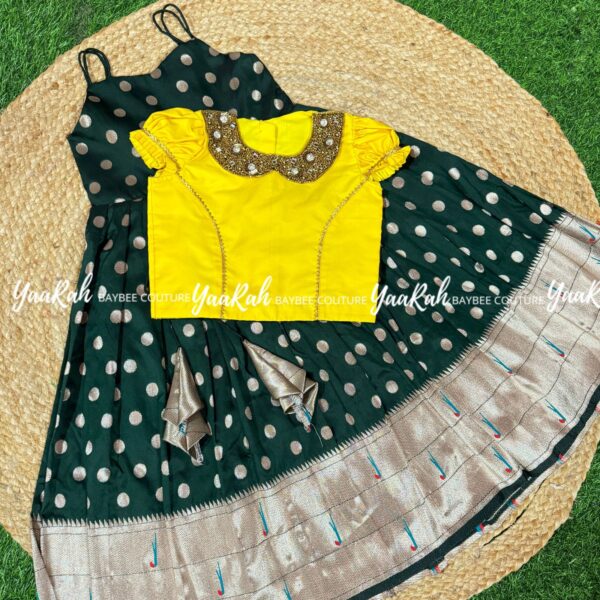 ETHNIC FROCK WITH BLOUSE - DARK GREEN AND YELLOW