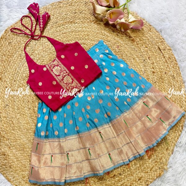 BLUE PAITHANI SKIRT & PINK CROP TOP