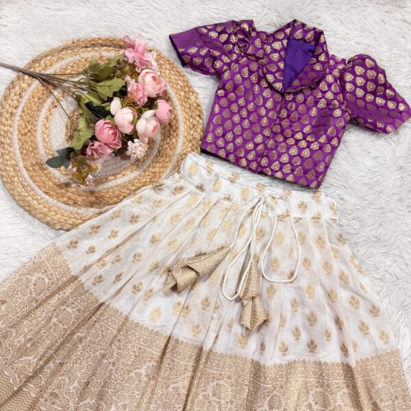 DOLA SILK LIGHT WEIGHT SKIRT WHITE AND PURPLE BANARSI BUTTA SILK BLOUSE WITH SLEEVES