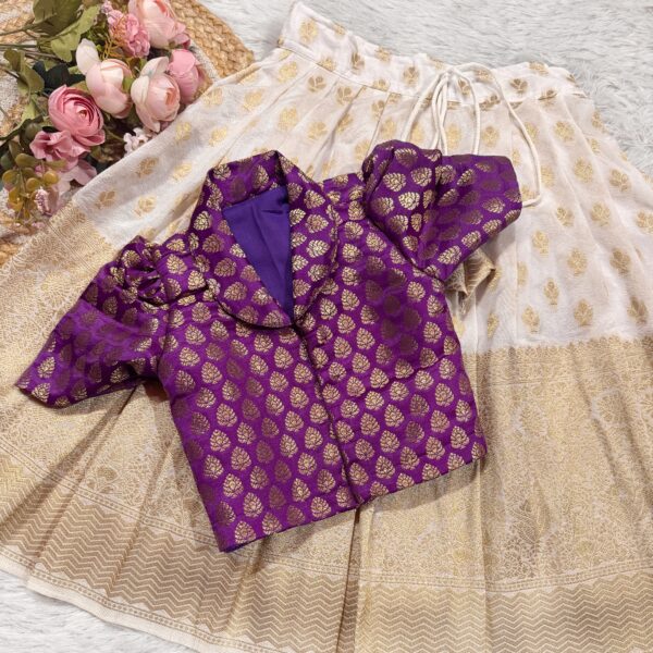 DOLA SILK LIGHT WEIGHT SKIRT WHITE AND PURPLE BANARSI BUTTA SILK BLOUSE WITH SLEEVES - Image 2