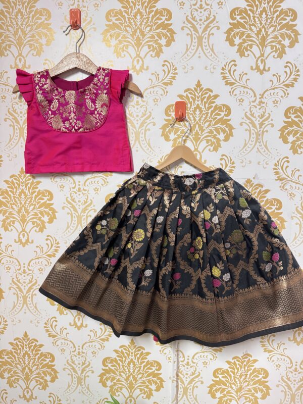 BLACK SEMI SILK SKIRT AND SEMI SILK AND BANARSI PATCH BLOUSE - LONG TOP