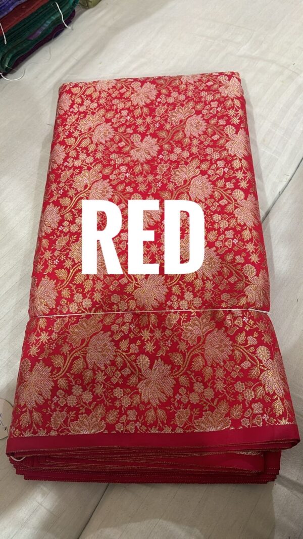 RED BANARSI BLOUSE AND OFF-WHITE GEORGETTE PETICOAT  FROCK - Image 3