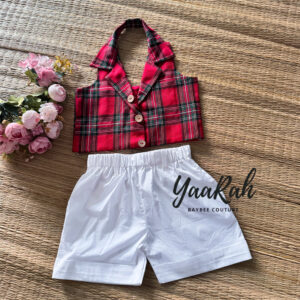 TARTAN TOP AND WHITE TROUSER