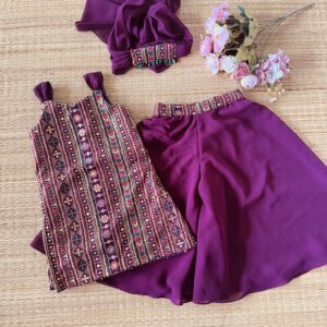 PURPLE SELF EMBROIDERED KURTA AND PALAZZO PANTS
