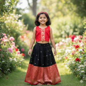 SILK BORDERED SLUB COTTON SKIRT AND SLUB COTTON BLOUSE : PINK/BLACK