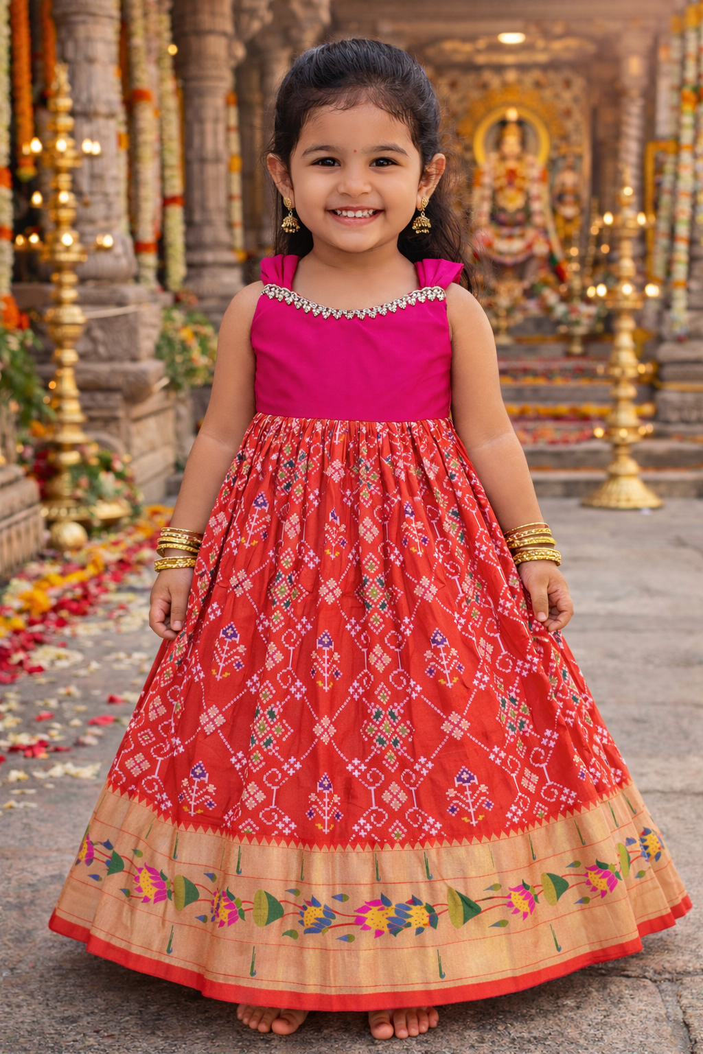 ORANGE PATOLA SILK FROCK - ANKLE LENGTH - Image 7