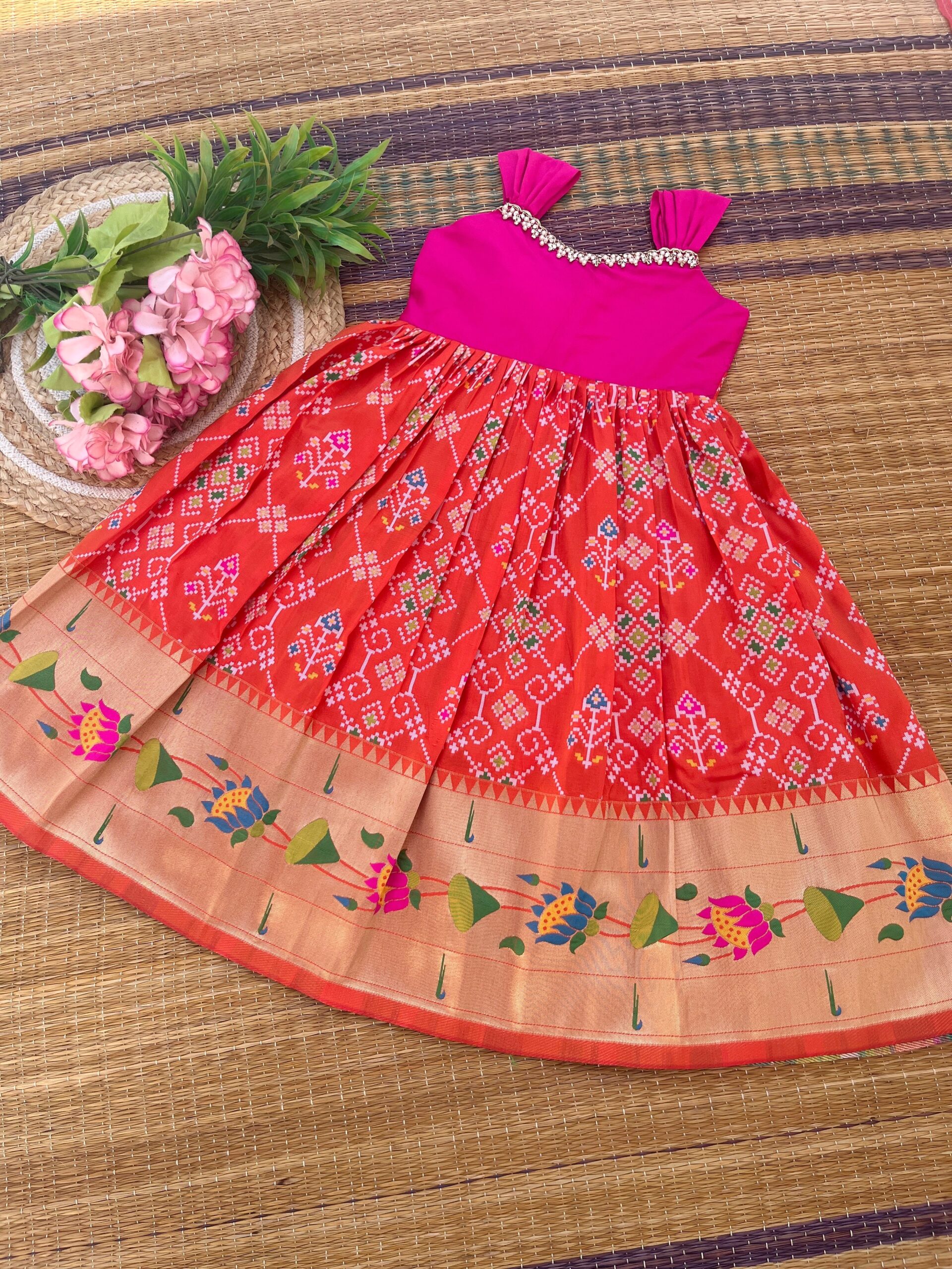 ORANGE PATOLA SILK FROCK - ANKLE LENGTH - Image 5