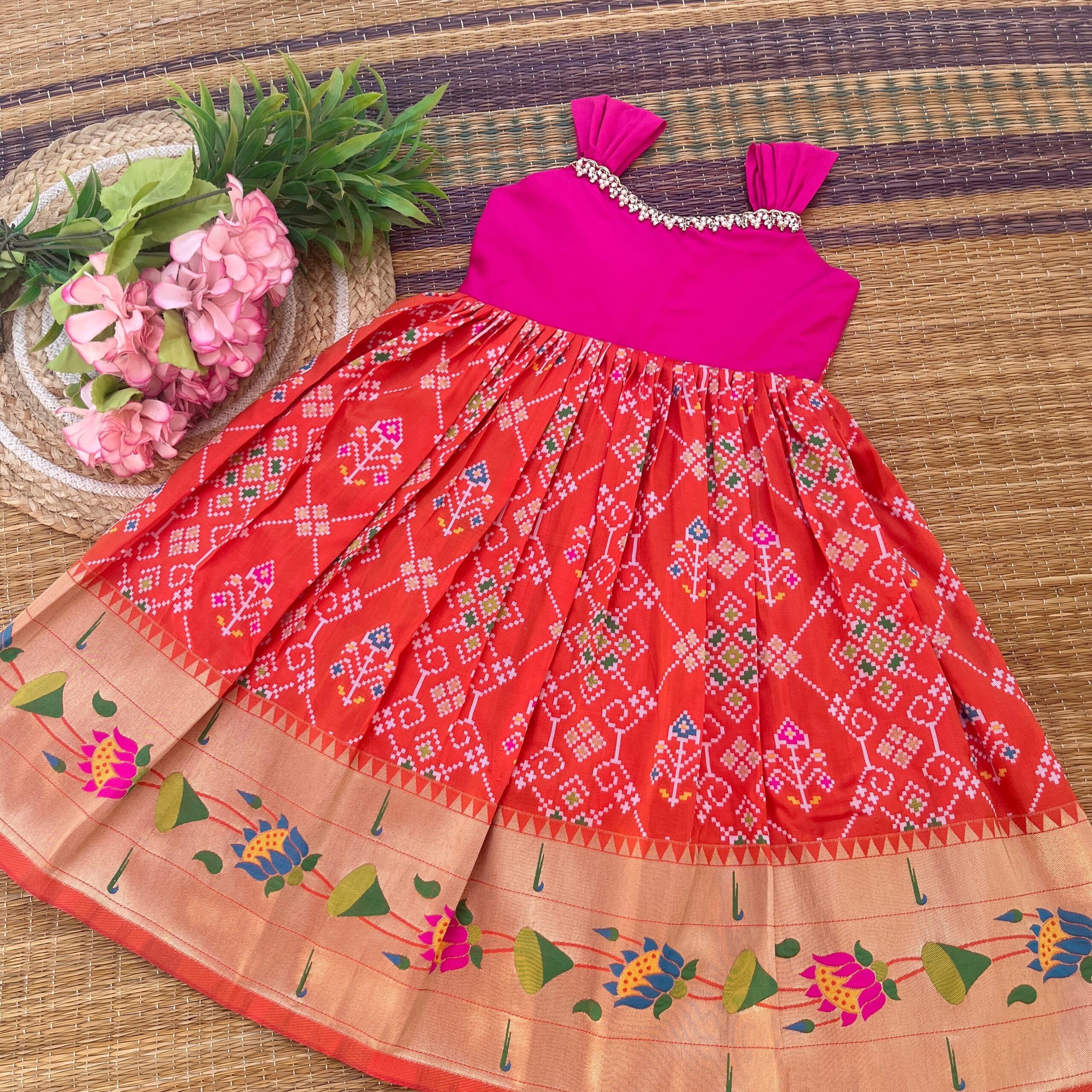 ORANGE PATOLA SILK FROCK - ANKLE LENGTH