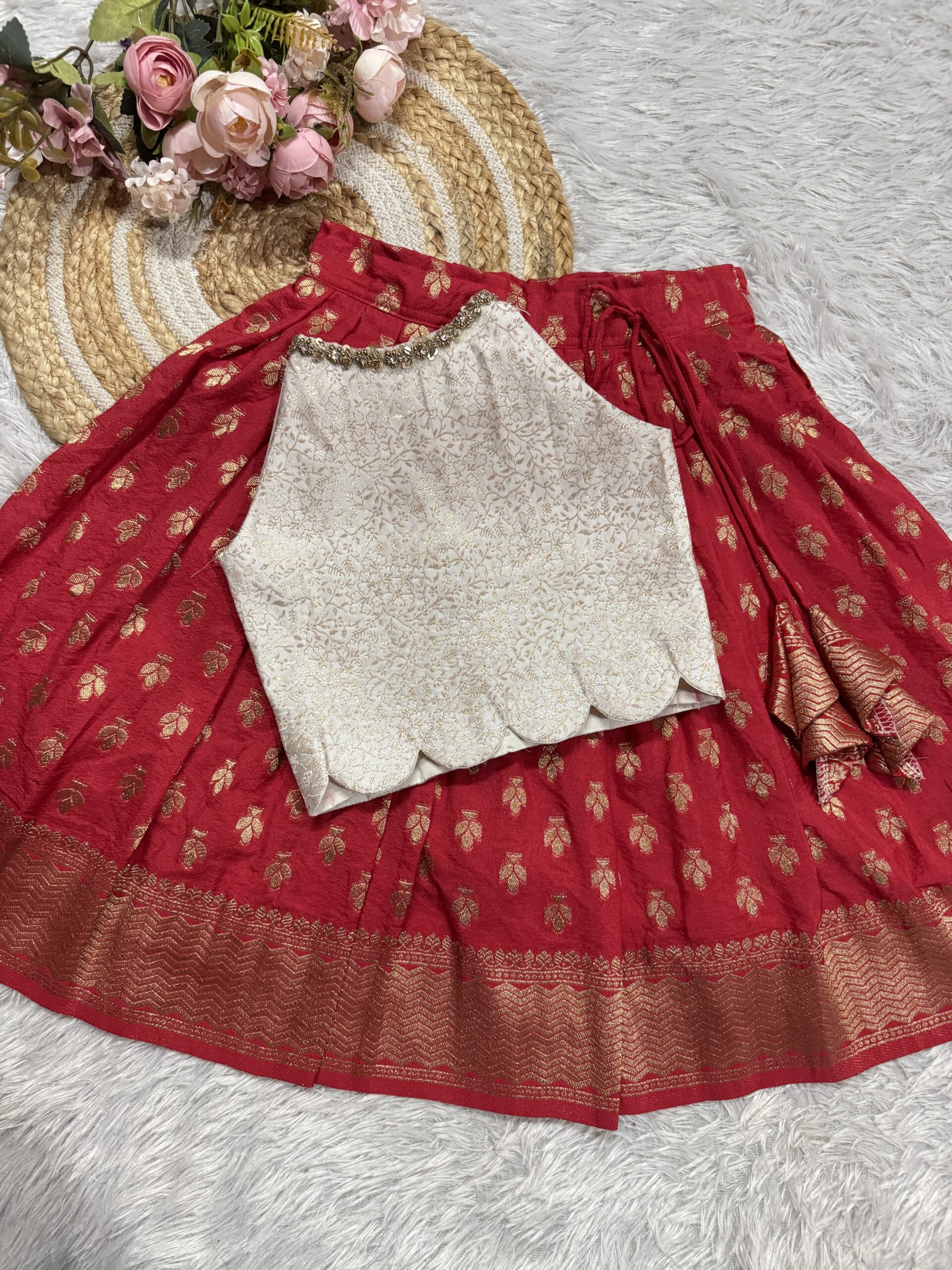 PURPLE DOLA SILK SKIRT WITH CREAM BANARSI BLOUSE - Image 6