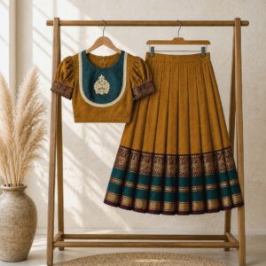 GOLDEN BROWN KANCHI COTTON SKIRT AND  BLOUSE